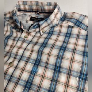 Ariat Pro Series Men’s M Plaid Button-Down Shirt Blue/White/Orange Short Sleeve